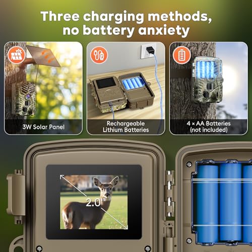 Solareye Trail Camera WiFi - Solar Powered 4K 64MP Game Cameras with Night Vision Motion Activated Waterproof, IP66 120° Detection Angle 0.2s Trigger 940nm No Glow LED Wildlife - color: Olive Green