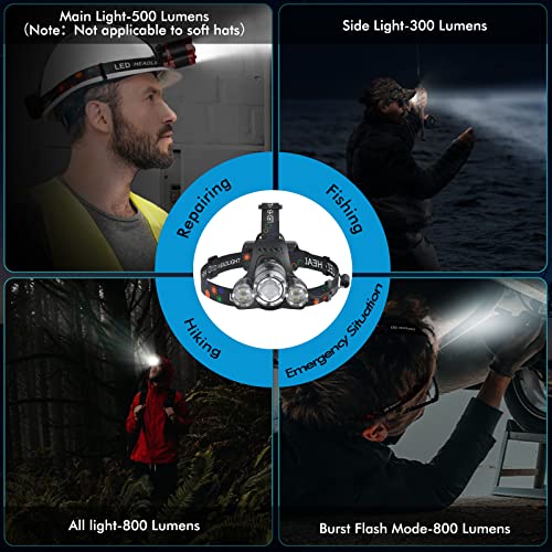 LED Headlamp Rechargeable, 6000 Lumens Super Bright Head Lamp, USB Rechargeable Headlight Flashlight with 3 LED Lights, 4 Modes, Zoomable, 90° Adjustable, Hiking, Hunting, Running, Fishing - color: Silver