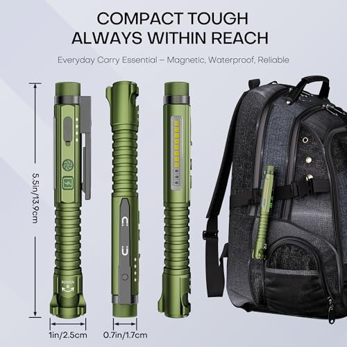 EDC Flashlight Rechargeable,800 Lumen Small Flashlight with Magnetic Clip & Base, 11 Modes LED Flashlight,Glass Breaker&Bottle Opener, USB-C Flashlight for Working,Home and Emergency - color: Green