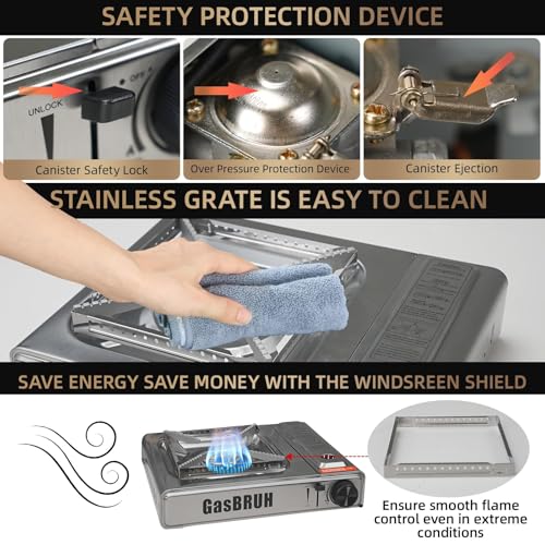 GasBRUH Single Butane Camping Stove with Windblocker, 10000BTU Stainless Steel Portable Camping Stove with Carry Case,Gas Stove for Camping,Tailgating,Outdoor Cooking,Emergency(Fuel not included) - color: Silver