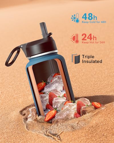 Coolflask 32 oz Water Bottle Insulated with Straw & 3 Leakproof Lids | Water Flask Stainless Steel Triple-Wall Vacuum,Cold 48+h, Dishwasher Safe,Wide Mouth,BPA-Free,Carrier Bag,for Gym,Hiking - color: Samurai Cyan, size: 32 Ounces