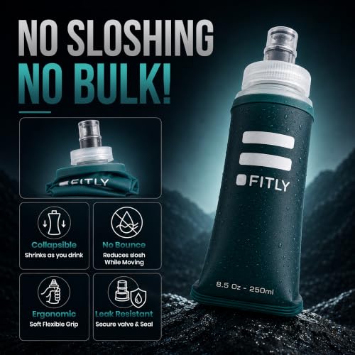 FITLY Soft Flask - Shrink As You Drink Soft Water Bottle for Hydration Pack - Folding Water Bottle Ideal for Running, Hiking, Cycling, Climbing & Rigorous Activity - color: Forest Green, size: 8.5 Ounces