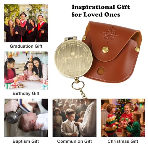 Engraved Brass Compass with Scripture, Inspirational Baptism Gift for Boy Girl Women Men, First Communion or Confirmation Gift, Christian Travel Hiking Religious Pocket Compass for Graduation Birthday