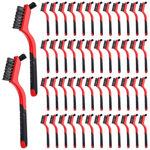 Reallnaive 50 Pcs Nylon Cleaning Brushes Bulk 7 Inch Red Nylon Brushes with Curved Handle Grip for Deep Cleaning Small Parts Rust Dirt Paint Scrubbing, Removal Surface in Hole - color: Red