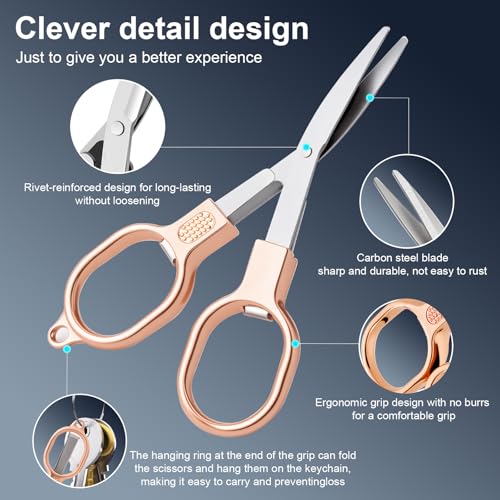 BSADIY 2 Pcs Mini Folding Stainless Steel Badge Scissors with 2 Keychains | Safety Foldable Pocket Small Travel Scissors All Purpose for Travel, Office, Craft, Sewing, Nurse Accessories (Rose Gold) - color: Rose Gold
