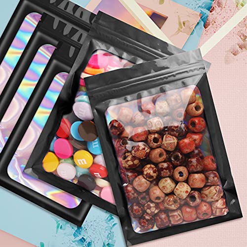 Funfery 100pcs Mylar Holographic Bags-Resealable Zipper&Clear Window (Black, 5.5 x 7.9 Inch) - color: Black, size: 5.5 x 7.9 Inch