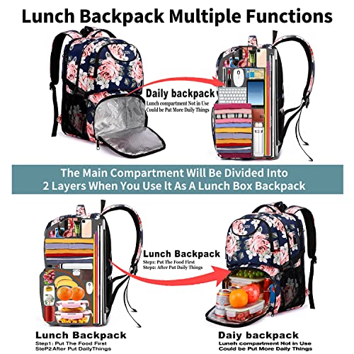 Lunch Cooler Backpack for Women, Extra Large 17 inch Travel Laptop Backpack with USB Charging Port, Water Resistant - color: Blue Pink