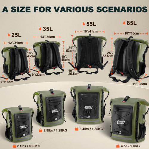 OSAH DRYPAK Waterproof Backpack Dry Bag 35L/55L/85L – Heavy Duty Roll-Top Hiking Backpack for Travel, Kayaking, Boating, Camping, Rafting and Fishing - color: Green, size: 55L