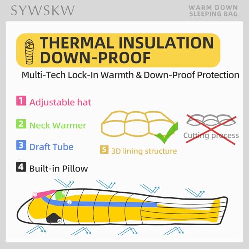 Down Sleeping Bag with Pillow for Backpacking,15℉ 5℉ 0℉ Wide Down Sleeping Bag (86.6 in x 33.5 in) for Adults,Youth Camping and Hiking Outdoor with 680FP Duck Down - color: Black (500g filling down)