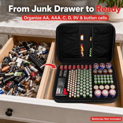 Comecase Battery Storage Case with Tester, Holds 148+ AA AAA C D 9V, Black - size: Large 148+Batteries