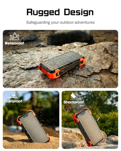 GOODaaa Solar Power Bank 24000mAh, Portable Charger with 4 Built-in Cables, Fast Charging 5 Outputs 2 Inputs Battery Pack, Thermometer & SOS Flashlight for iPhone 17/16, Samsung, All Cell Phones - color: Orange