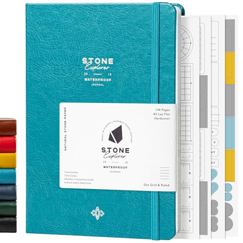 Stone Journal Explorer Notebook – A5 Waterproof Paper Field Journal, Vegan Leather Hardcover, 144 Pages Alternating Ruled & Dot Grid, Back Pocket, Weather-Resistant (Teal) - color: Teal