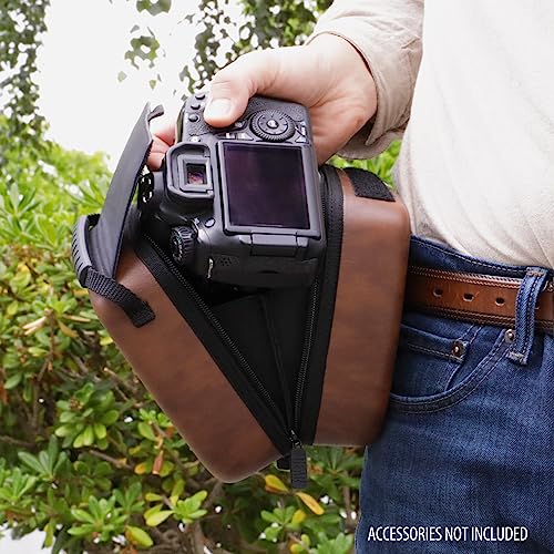 USA Gear Hard Shell Camera Case for DSLR & Mirrorless Cameras, Compatible with Canon, Nikon, Sony & Fujifilm - Fits EOS R100, Rebel T7 / 2000D, Nikon Z30, Sony A7III / A7 IV, Fujifilm X-T5 / X-T50 - color: Brown Vegan Leather