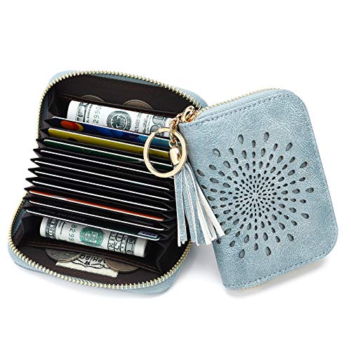 APHISON RFID Credit Card Holder Zipper Card Case Keychain Small Wallet for Women 1927 BLUE - color: 0-3BLUE（single zip）