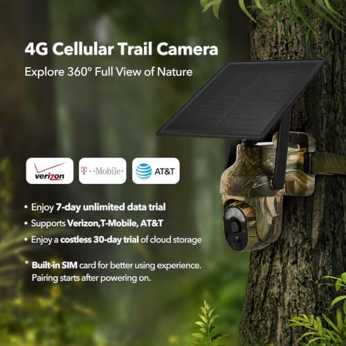 4G LTE Cellular Trail Camera, Built-in SIM Card, Solar Powered Game Camera | 2K Night Vision, No WiFi Needed, 360° Live Streaming, Motion Activated, Remote Access, for Wildlife&Hunting, IP65 Waterproof