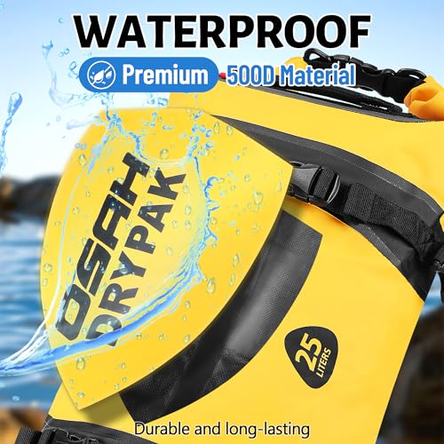 OSAH DRYPAK 25L Waterproof Dry Bag - Motorcycle Luggage Tail Bag with Straps for Back Seat, Roll Top Lightweight Waterproof Backpack Sack for Travel, Swimming, Boating, Kayaking, Camping and Beach - color: Yellow