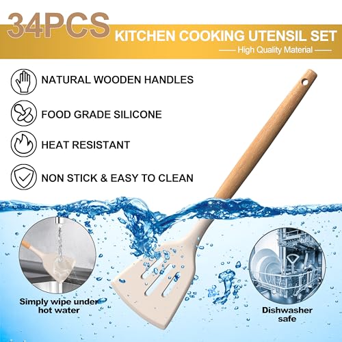 Silicone Cooking Utensils Set, 43Pcs Non-Stick Heat Resistant Kitchen Utensils Spatula Set with Wooden Handle for Baking, Cooking, and Mixing, Best Kitchen Gadgets Tools with Holder (Khaki)
