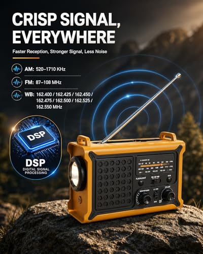 Emergency Radio with Hand Crank & Solar, NOAA Weather Band, AM/FM, 12000mAh - color: Yellow + Black