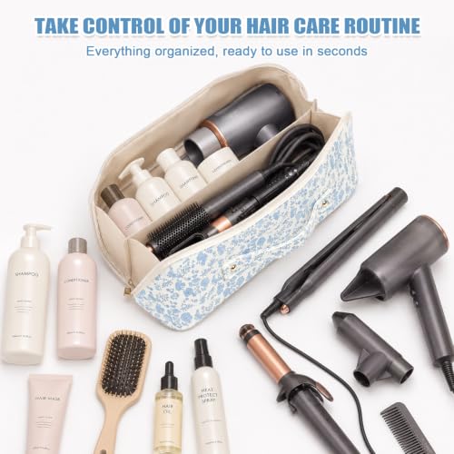 Waterproof Hair Tools Travel Bag with Heat-resistant Mat for Dyson Airwrap | PU Leather Organizer Compatible with Shark Flexstyle, Wide-open Hair Tool Bag, Fits Most Straighteners/Curlers/Dryer - color: Blue