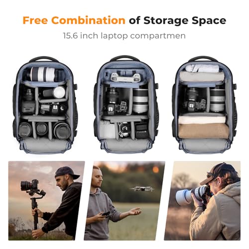 K&F CONCEPT Camera Backpack,25L Large Capacity Camera Bag for Photographers | Raincover, 15.6 Inch Laptop Compartment, Compatible for Canon/Nikon/Sony/DJI Mavic Drone, B10 - color: 02-all-black, size: 25L