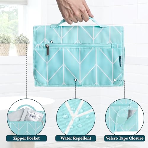 PAVILIA Hanging Toiletry Bag for Women Men Foldable Travel Organizer, Teal - color: Teal Chevron