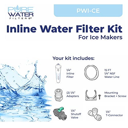 PureWater Filters Inline Water Filter Kit for Ice Makers, 1/4-Inch | Quick-connect fittings, 15 ft NSF water line, T-connector, reduces chlorine, taste & odor, made in USA, 1-year filter
