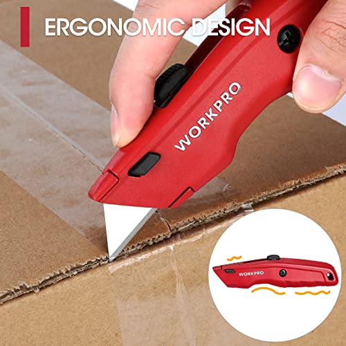 WORKPRO Premium Utility Knife, Retractable All Metal Heavy Duty Box Cutter, Quick Change Blade Razor Knife, with 10 Extra Blades - color: Red