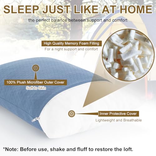 Ivellow Memory Foam Travel Pillow Compressible Camping Pillow for Sleeping Shredded Memory Foam Pillow Compact Firm Supportive Travel Pillow for Adults Kids Outdoor Hiking Essential Gear Blue-S | Compact shredded memory foam pillow,medium firm support, so