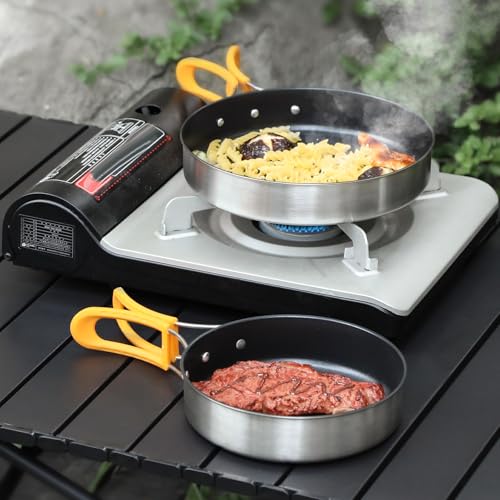 REDCAMP 2Pcs Nonstick Frying Pan Set, Stainless Steel Camping Skillet with Foldable Handle for Easy Storage, Lightweight Portable Cooking Pan for Egg Steak Outdoor Kitchen Backpacking