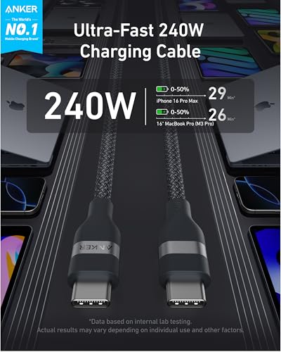 Anker Nano USB C to USB C Cable, 240W Fast Charging Cable (10 ft, Black) | Flexible Multi-Color Braided Charger for iPhone 17 Series, MacBook Pro, and More - color: Black, size: 10ft
