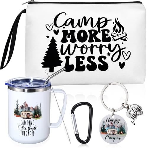 3 Pcs Camping Gifts 17oz Insulated Mug Makeup Bag Keychain for Christmas - color: White, style: Camper