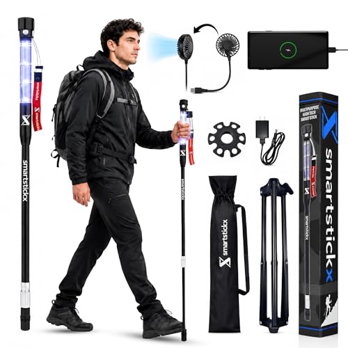 Tactical Walking Stick with Dual LED Light & Emergency Power Bank | Collapsible Tactical Hiking Pole with USB Fan, Solar Charging & Camping Tripod | Aircraft Grade Aluminum