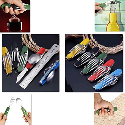 6-in-1 Multi-Function Camping Flatware Utensil Folding Knife Cutlery Detachable Pocket Kits with Carrying Pouch (Gold + Blue) - color: Gold + Blue