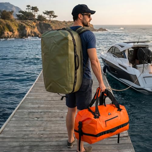 Haimont IPX7 Waterproof Roll-Top Dry Duffel Backpack | 60L/90L Sizes, 500D Tarpaulin, Welded Seams, Mesh Pockets, Boating & Kayaking - color: Army Green, size: 60L
