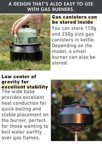 CAMPINGMOON Portable Stainless Steel Camping Kettle – Weld-Free, Gas Canister Storage, 1L Lightweight Coffee & Tea Pot for Outdoor, Backpacking, Campfire Cooking Black BKSW-1