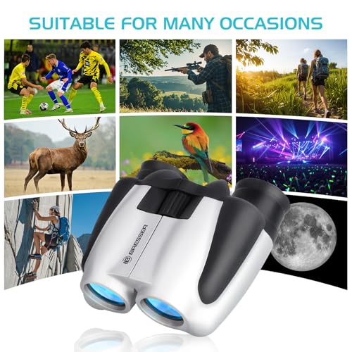 BRESSER 10x25 Binoculars for Adults and Kids, Folding Compact Binocular with Weak Light Vision, Lightweight Small Binoculars for Bird Watching, Travel, Concerts, Hunting, Hiking (White) - color: White
