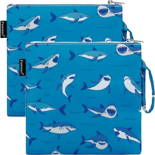 Fammart Reusable Sandwich Bag/Snack Bag for Kids & Adults, Dual Layer Lunch Bag with Handle, Washable, Food Safe, BPA Free (2-Pack, Shark) - color: Large, 2 Packs - Shark