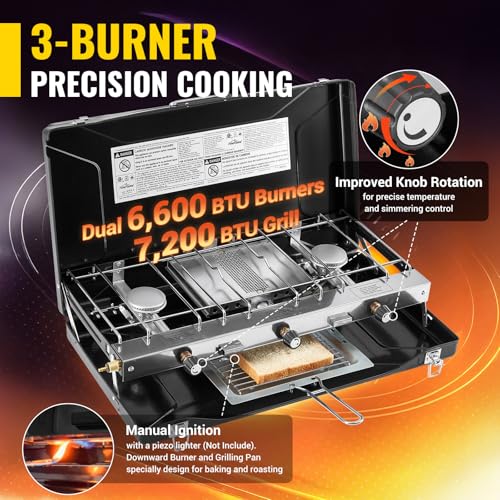 FineFlame Camping Stove, Propane Portable Camp Stove, 20400BTU-3 Burners - color: Black-3 burner-20400BTU