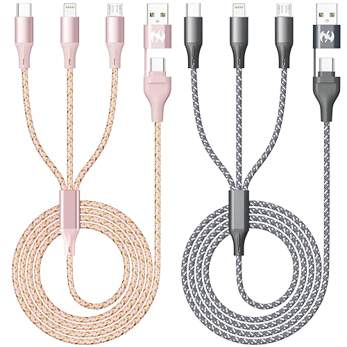 Multi Charging Cable 4FT 2Pack 3 in 1 Apple MFi Certified Braided Cord | Fast Charger Cord with Lightning USB-C Micro,Nylon Braided Universal Phone Charger for iPhone17-5 iPad Android Devices Travel - color: Rose/Grey-4ft-2Pack