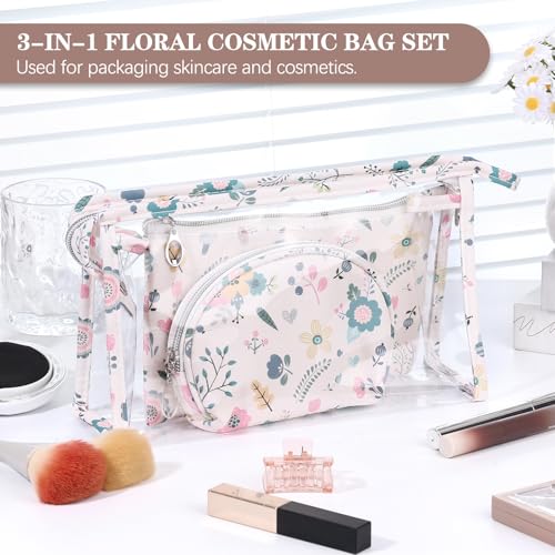 Richeart Makeup Bag, Clear Bag with Zipper, 3PC Floral Flowers Makeup Pouch, Waterproof Small Pouch, Portable Travel Toiletry Bag, C - style: C