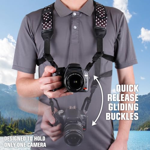 USA Gear DSLR Camera Strap Chest Harness with Quick Release Buckles, Polka Dot Neoprene Pattern and Accessory Pockets - Compatible with Canon, Nikon, Sony Point and Shoot and Mirrorless Cameras - color: Polka Dot