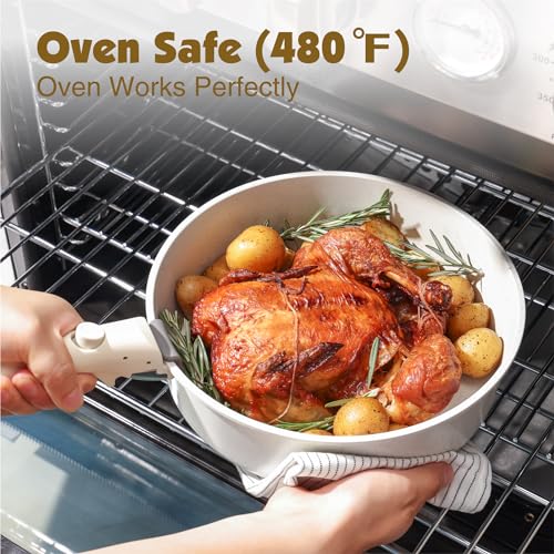 SENSARTE 17 Piece Nonstick Detachable Handle Pots and Pans Set White | Removable Handle Cookware Set, Induction Cookware Set with Removable Handle, Healthy Non Stick for RV, Dishwasher ＆ Oven Safe - color: White, size: 17 Piece