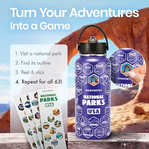 National Parks Purple Water Bottle with Durable Stickers – 32oz Insulated Stainless Steel Water Bottle with Spout – Insulated for Cold and Hot Drinks – Metal Bottle for Gym, Hiking, Camping - color: Purple