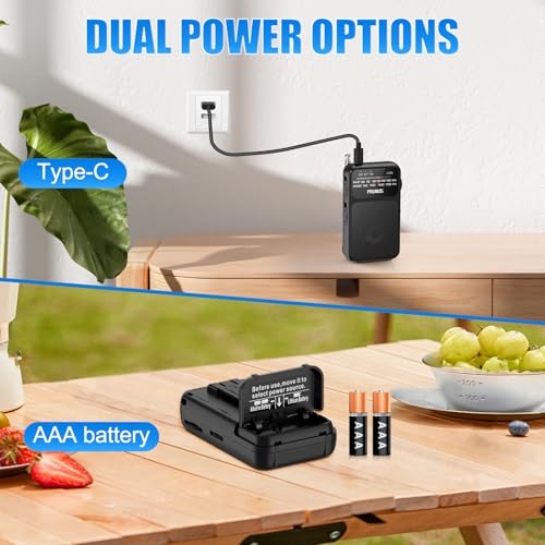 PRUNUS J-555 Pocket Radio AM FM USB-C Charging& Battery Operated, Back Clip - color: Black