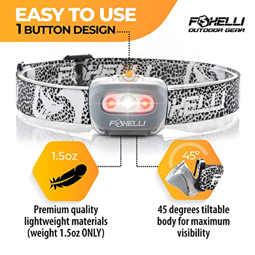 Foxelli LED Headlamp Flashlight for Adults & Kids, Running, Camping, Hiking Head Lamp with White & Red Light, Comfortable Headband, Lightweight & Waterproof, 3 AAA Batteries - color: Spotted
