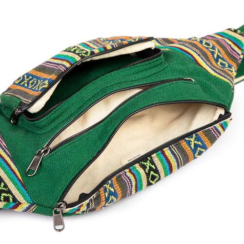 Freakmandu Eco-Friendly Boho Hippie Style Hemp Fanny Pack White Hip Waist Bag for Hiking Running Jogging - color: Green Mix