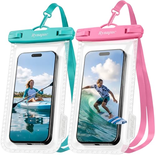 Rynapac Waterproof Phone Pouch 2 Pack, Waterproof Phone Case, [Up to 8.5''] | Face Unlock, Touchscreen, Durable IPX8 Dry Bag for iPhone 17 16 15 Pro Max, Includes Lanyard, Beach & Cruise Essentials 2026 - color: [Pink + Mint] Waterproof Phone Pouch