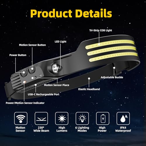 Headlamp Rechargeable 3PCS, Motion Sensor 230° COB Head Lamp, Headlights for Forehead, Hard hat Light for Adults, LED Headband Flashlight for Work, Hiking, Running, Camping Essentials Gear - size: 3 Pack - New Upgrade III Tri-Led Strip