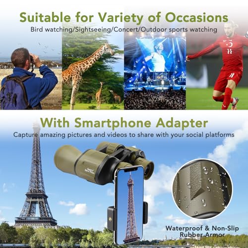20x50 Binoculars for Adults High Powered, Military Compact HD Waterproof Binoculars with Low Light Vision for Bird Watching Travel Hunting Football Games Stargazing with Carrying Case and Strap(Mud)