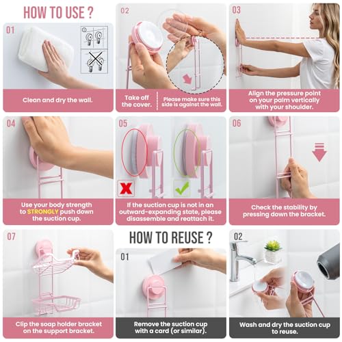TAILI Soap Holder, Soap Dish Suction Cup with Hooks,Stainless Steel,2 Layer | Soap Dish for Shower, Bathroom Bar soap holder Shower Wall, Stainless Steel Sponge Holder for Tub Kitchen, Pink - color: Pink